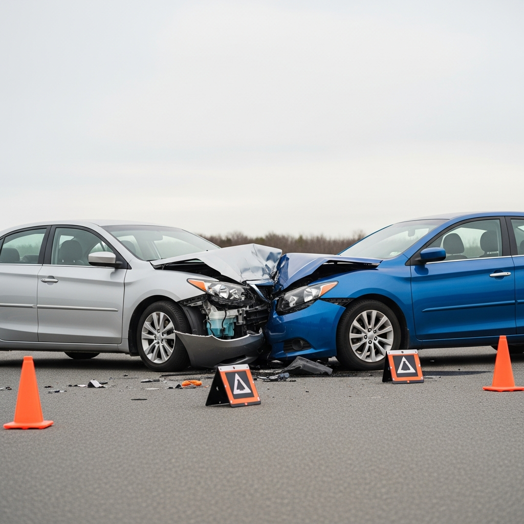 A roadside scene showing two sedans with significant front-end damage, one silver and one blue, with emergency orange cones and reflective hazard markers on the asphalt.