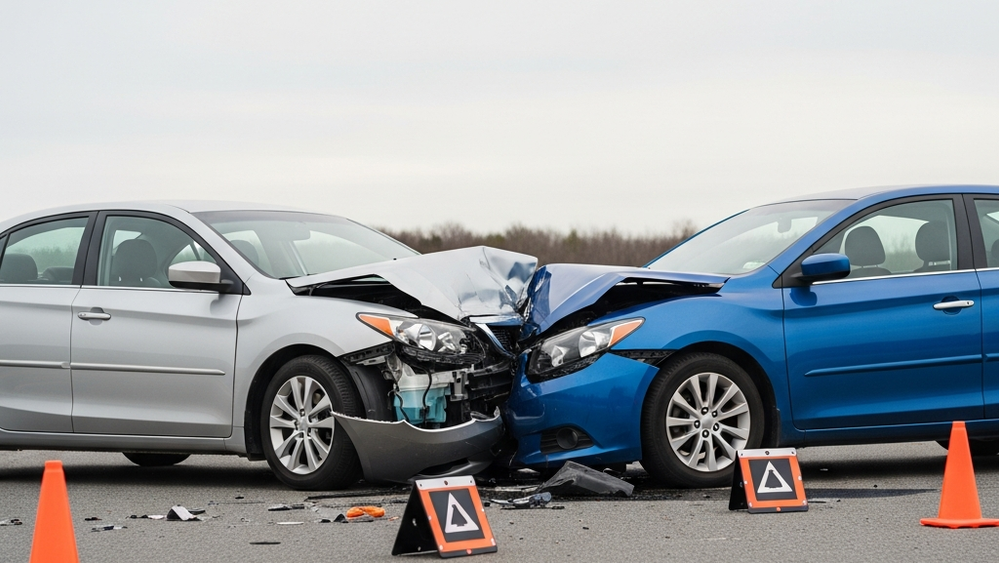 A roadside scene showing two sedans with significant front-end damage, one silver and one blue, with emergency orange cones and reflective hazard markers on the asphalt.
