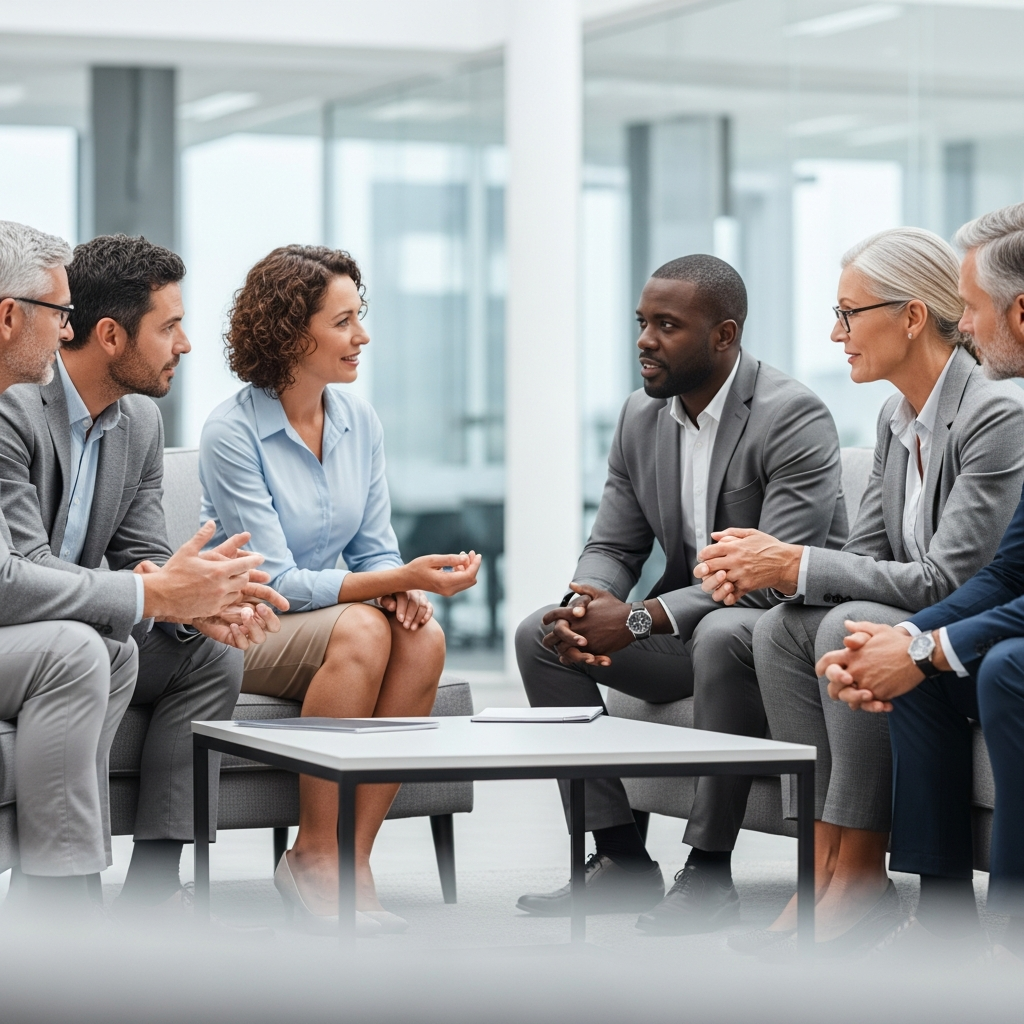 A diverse group of professional adults over 40 sitting in a brightly lit office lounge, engaged in a collaborative discussion around a low table.