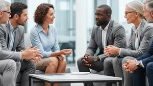 A diverse group of professional adults over 40 sitting in a brightly lit office lounge, engaged in a collaborative discussion around a low table.