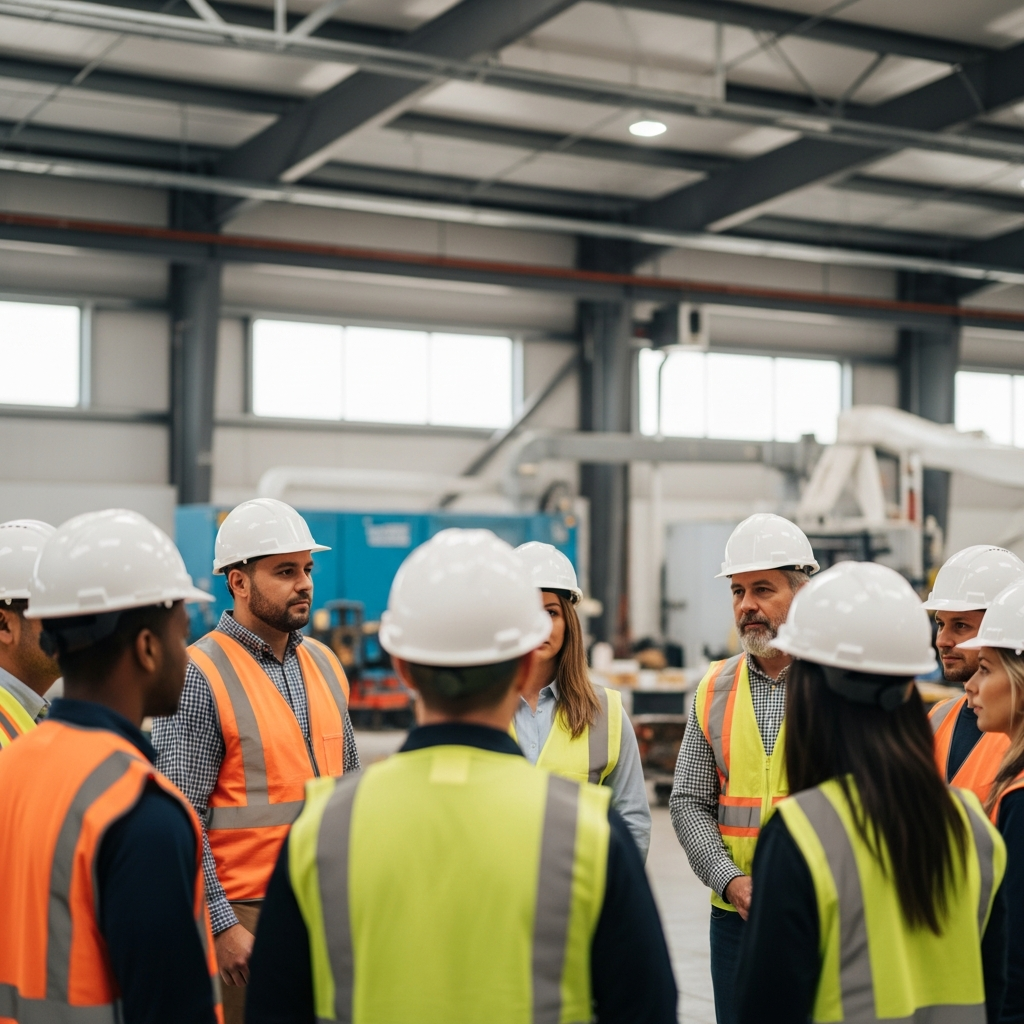 A diverse group of workers in safety vests and hard hats standing together in a circle during a meeting in a large industrial warehouse setting.