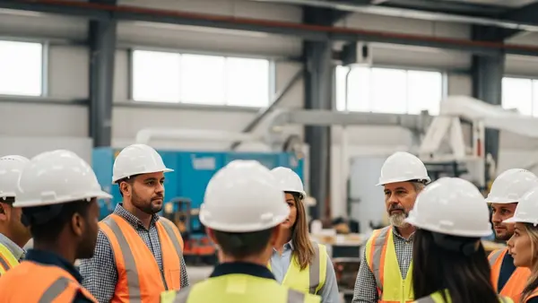 A diverse group of workers in safety vests and hard hats standing together in a circle during a meeting in a large industrial warehouse setting.