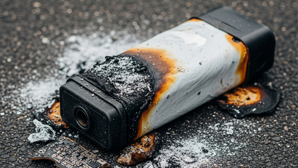 A melted and charred electric bicycle battery casing lying on dark pavement with visible ash and debris surrounding the electronic components.