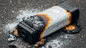 A melted and charred electric bicycle battery casing lying on dark pavement with visible ash and debris surrounding the electronic components.