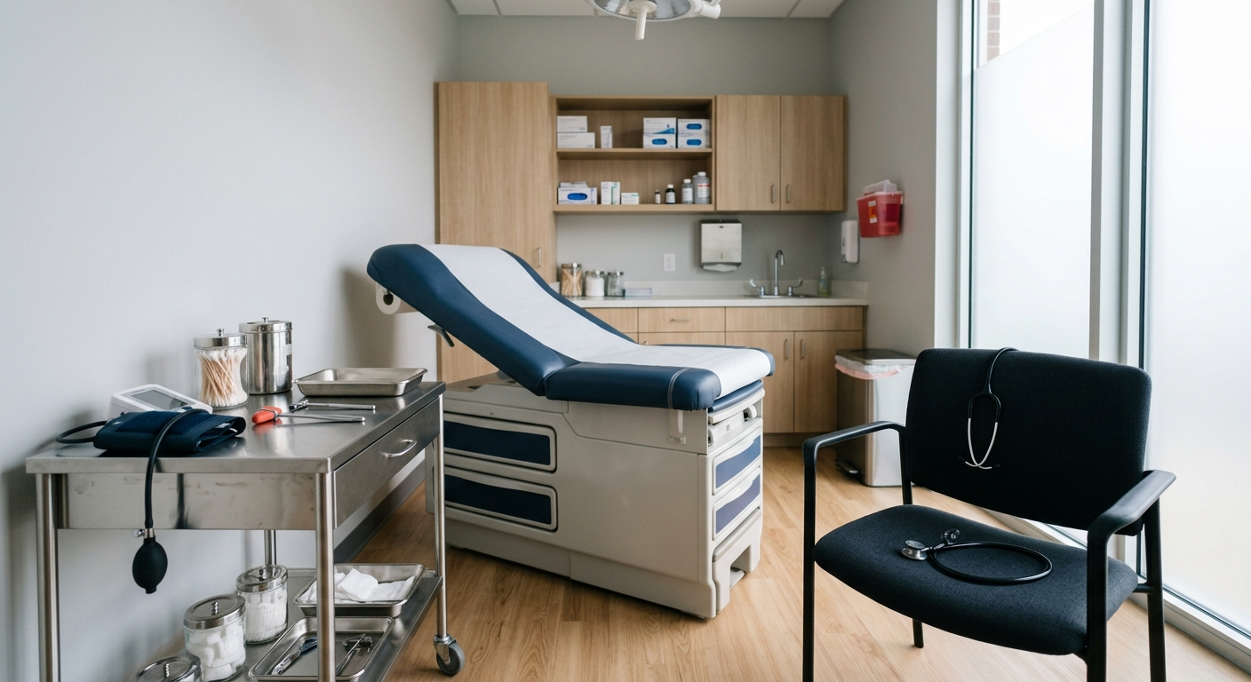 A modern medical examination room featuring an adjustable patient bed, a stainless steel side table with various medical instruments, and a stethoscope draped over a chair, without any visible people or text.