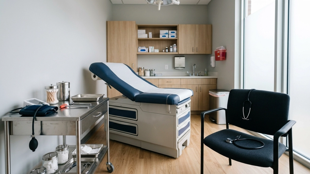A modern medical examination room featuring an adjustable patient bed, a stainless steel side table with various medical instruments, and a stethoscope draped over a chair, without any visible people or text.