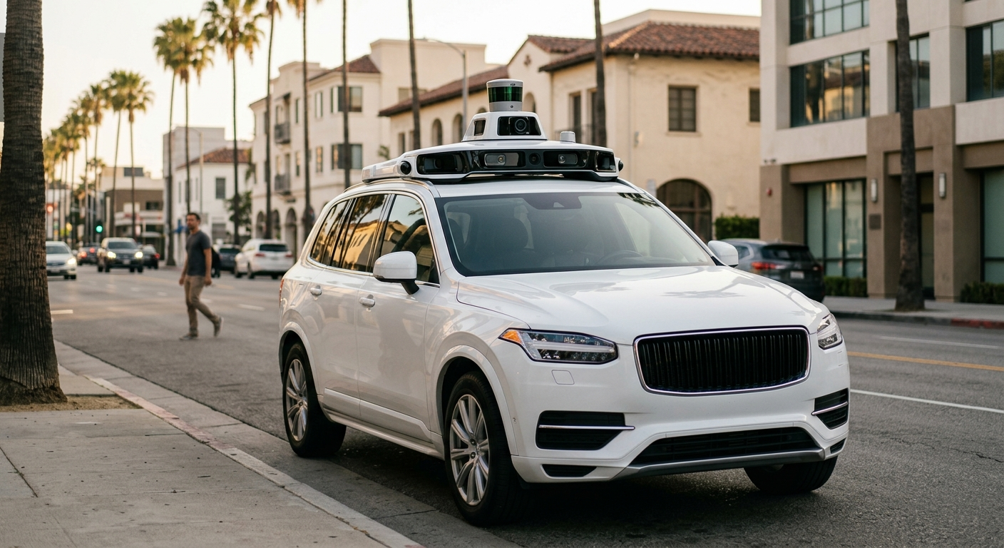 A sleek white autonomous SUV equipped with a prominent rooftop sensor array parked on a city street in Los Angeles.
