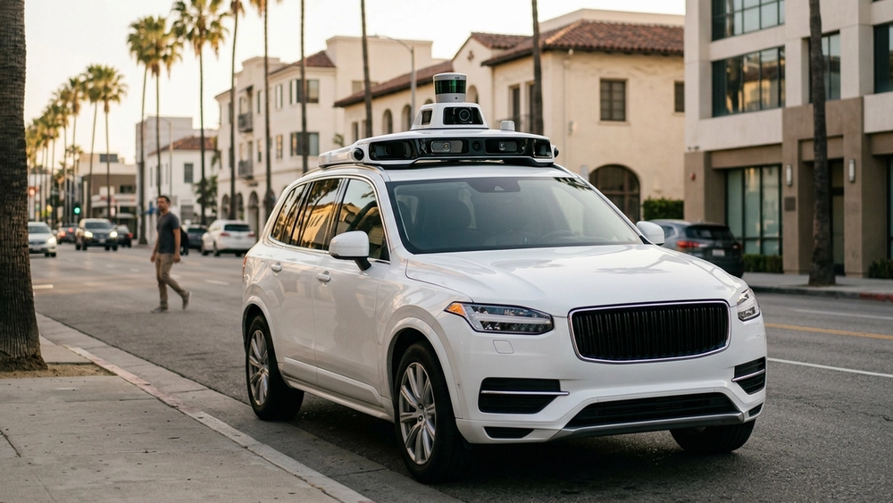 A sleek white autonomous SUV equipped with a prominent rooftop sensor array parked on a city street in Los Angeles.