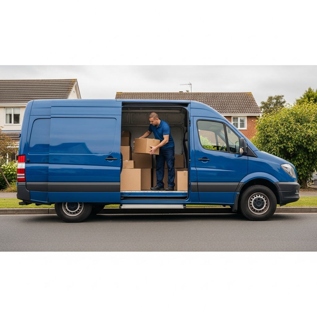 A blue delivery van parked on a neighborhood street with its side door open, showing a worker organizing cardboard boxes for delivery.