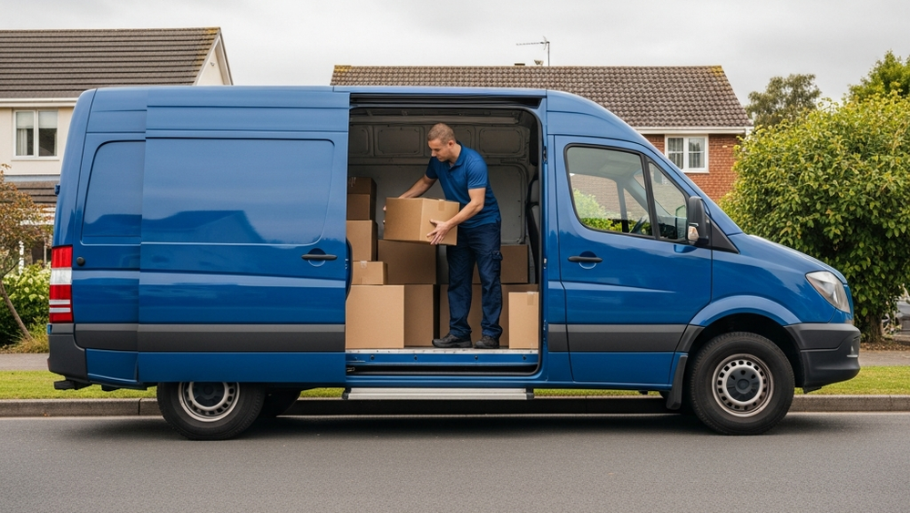A blue delivery van parked on a neighborhood street with its side door open, showing a worker organizing cardboard boxes for delivery.