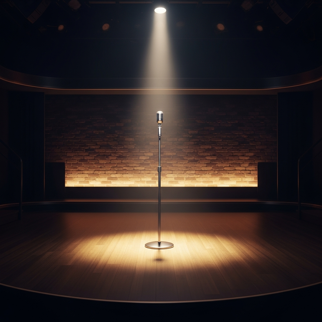 A brightly lit stage with a lone microphone stand in a comedy club setting, symbolizing the workplace environment involved in the legal settlement.