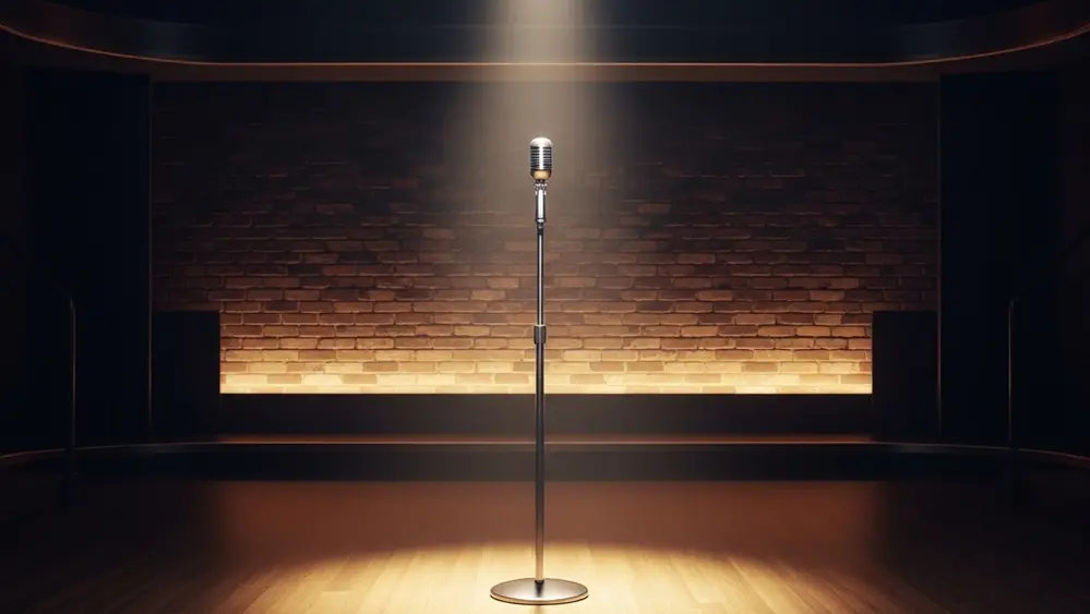 A brightly lit stage with a lone microphone stand in a comedy club setting, symbolizing the workplace environment involved in the legal settlement.