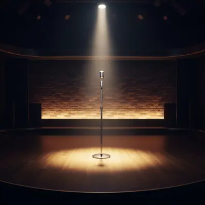 A brightly lit stage with a lone microphone stand in a comedy club setting, symbolizing the workplace environment involved in the legal settlement.