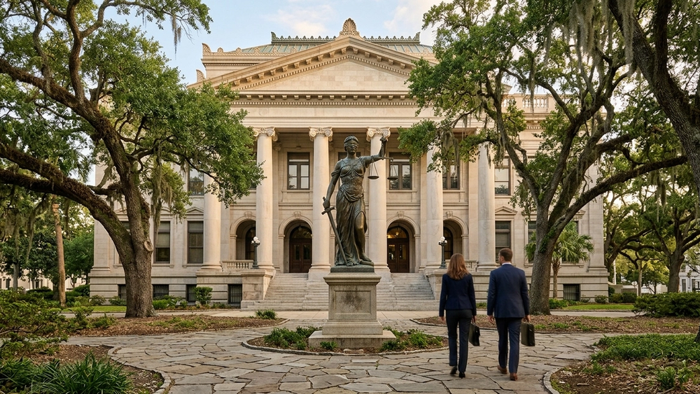 A bronze statue of Themis holding scales in front of a classical courthouse facade with mossy oak trees.