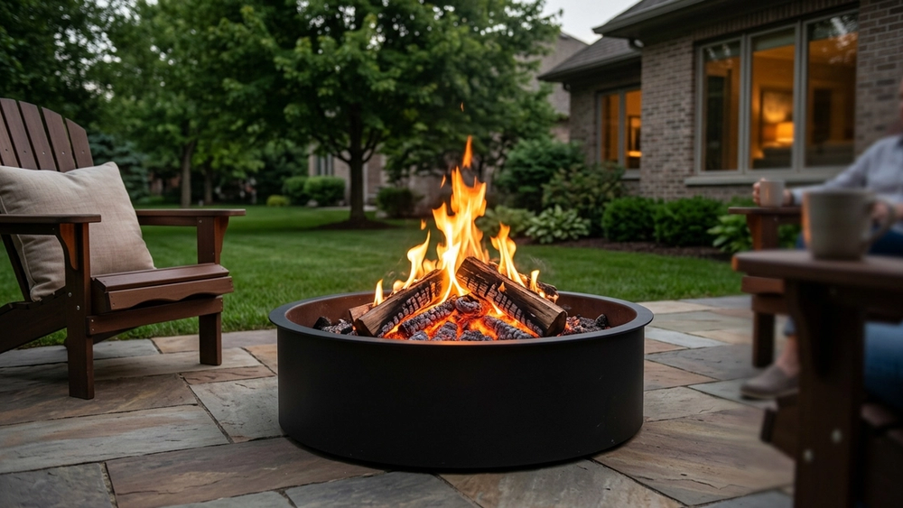 A round black metal fire pit with bright orange flames and glowing embers sits on a stone patio in a suburban backyard.