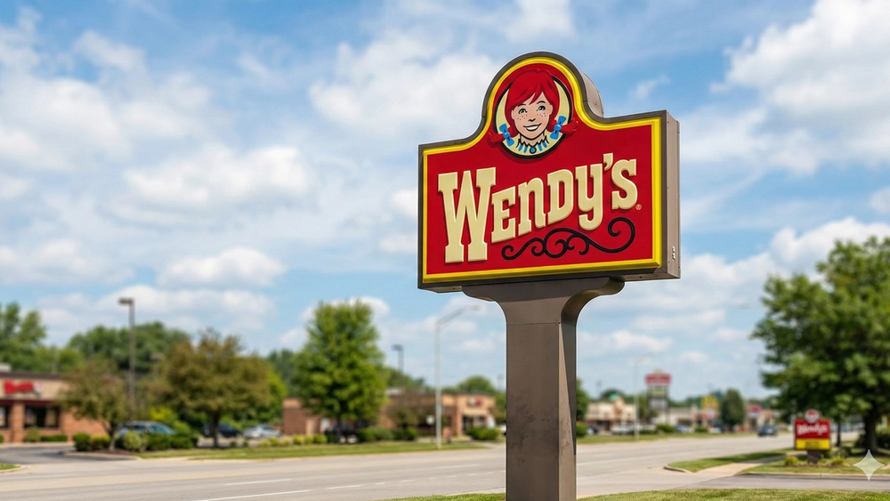 A Wendy's restaurant sign standing against a blue sky representing the corporate entity involved in the lawsuit.