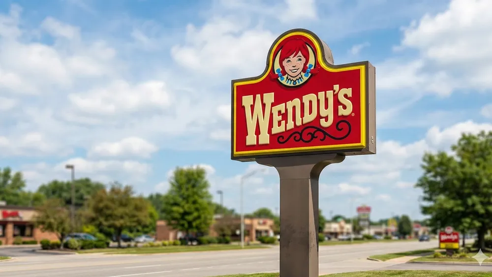 A Wendy's restaurant sign standing against a blue sky representing the corporate entity involved in the lawsuit.