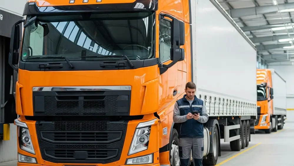 A large orange semi-truck parked in a logistics terminal with a driver standing nearby looking at a handheld device.