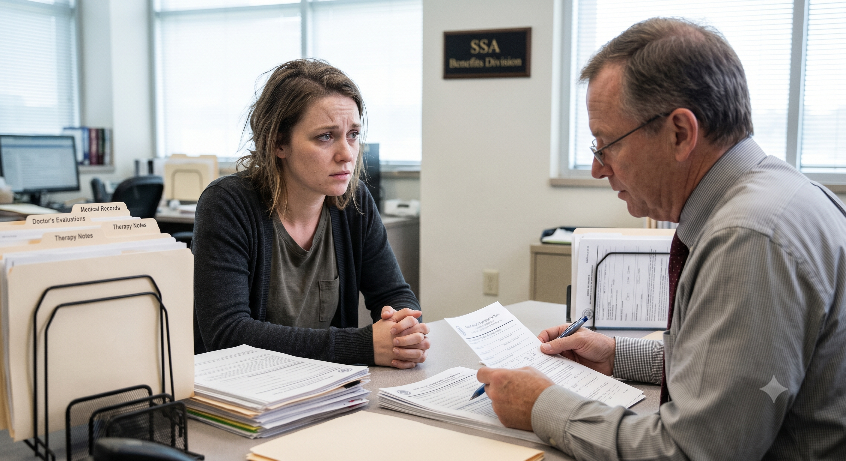 A worried woman sitting across a desk from an SSA claims officer who is reviewing her disability forms and medical records.
