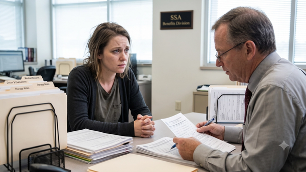 A worried woman sitting across a desk from an SSA claims officer who is reviewing her disability forms and medical records.