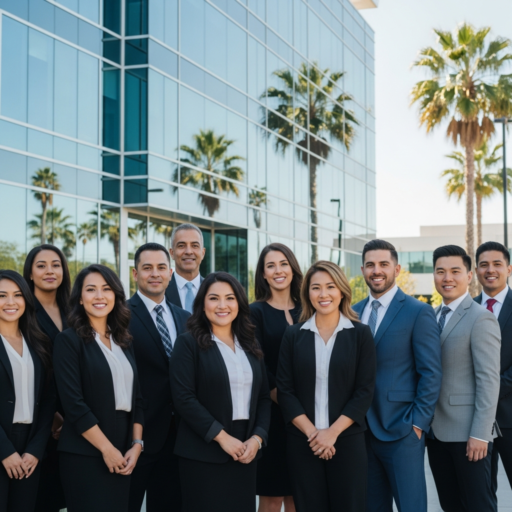 A diverse group of professional workers of various ages and ethnicities standing in front of a modern glass office building in Santa Clara, California.
