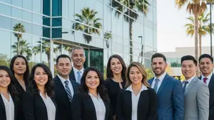 A diverse group of professional workers of various ages and ethnicities standing in front of a modern glass office building in Santa Clara, California.