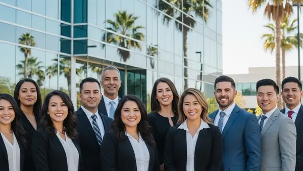 A diverse group of professional workers of various ages and ethnicities standing in front of a modern glass office building in Santa Clara, California.