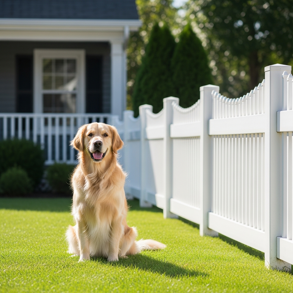 A golden retriever sitting on a suburban lawn next to a house with a white picket fence, representing the intersection of pet ownership and insurance liability.