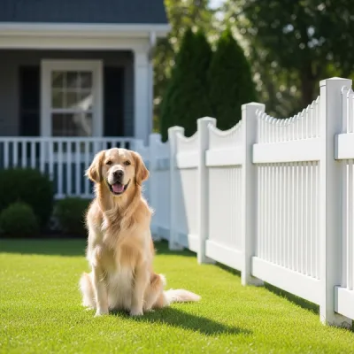 A golden retriever sitting on a suburban lawn next to a house with a white picket fence, representing the intersection of pet ownership and insurance liability.