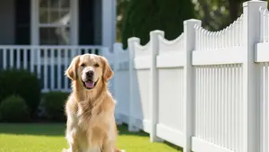 A golden retriever sitting on a suburban lawn next to a house with a white picket fence, representing the intersection of pet ownership and insurance liability.