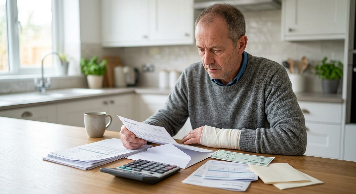 An injured worker sitting at a kitchen table with a calculator and medical bills, looking at a pension statement and a workers' compensation check.