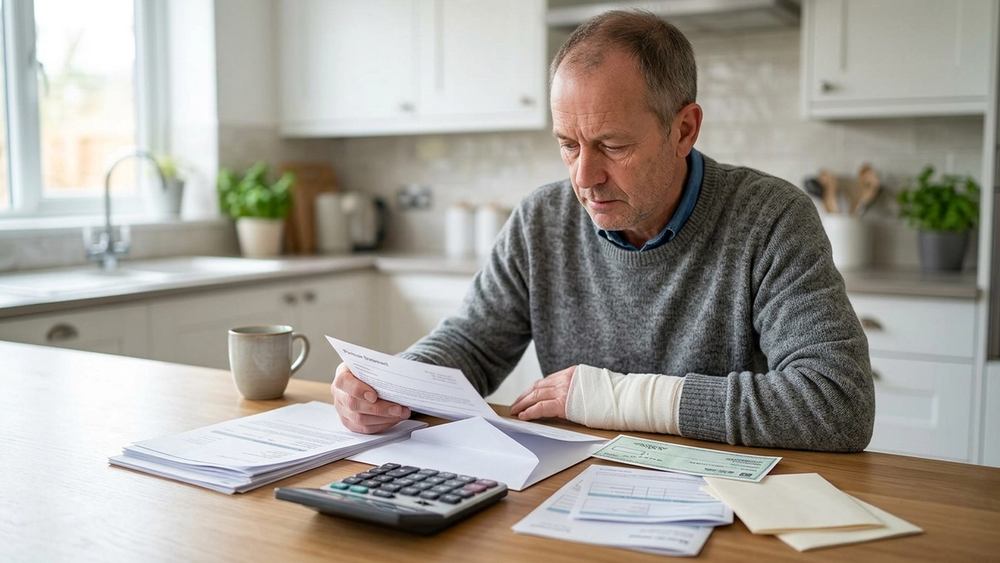 An injured worker sitting at a kitchen table with a calculator and medical bills, looking at a pension statement and a workers' compensation check.
