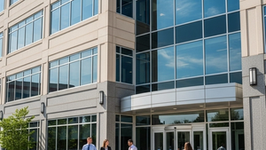 A modern corporate office building exterior in Illinois with employees walking near the entrance during the day.