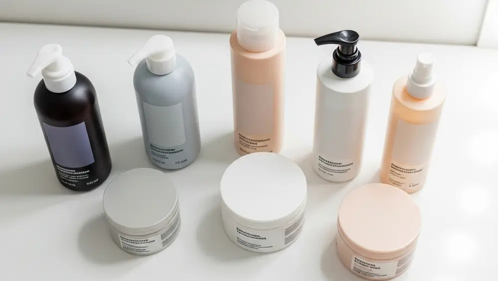 An overhead view of various cosmetic hair product containers and bottles arranged on a clean, white vanity surface.