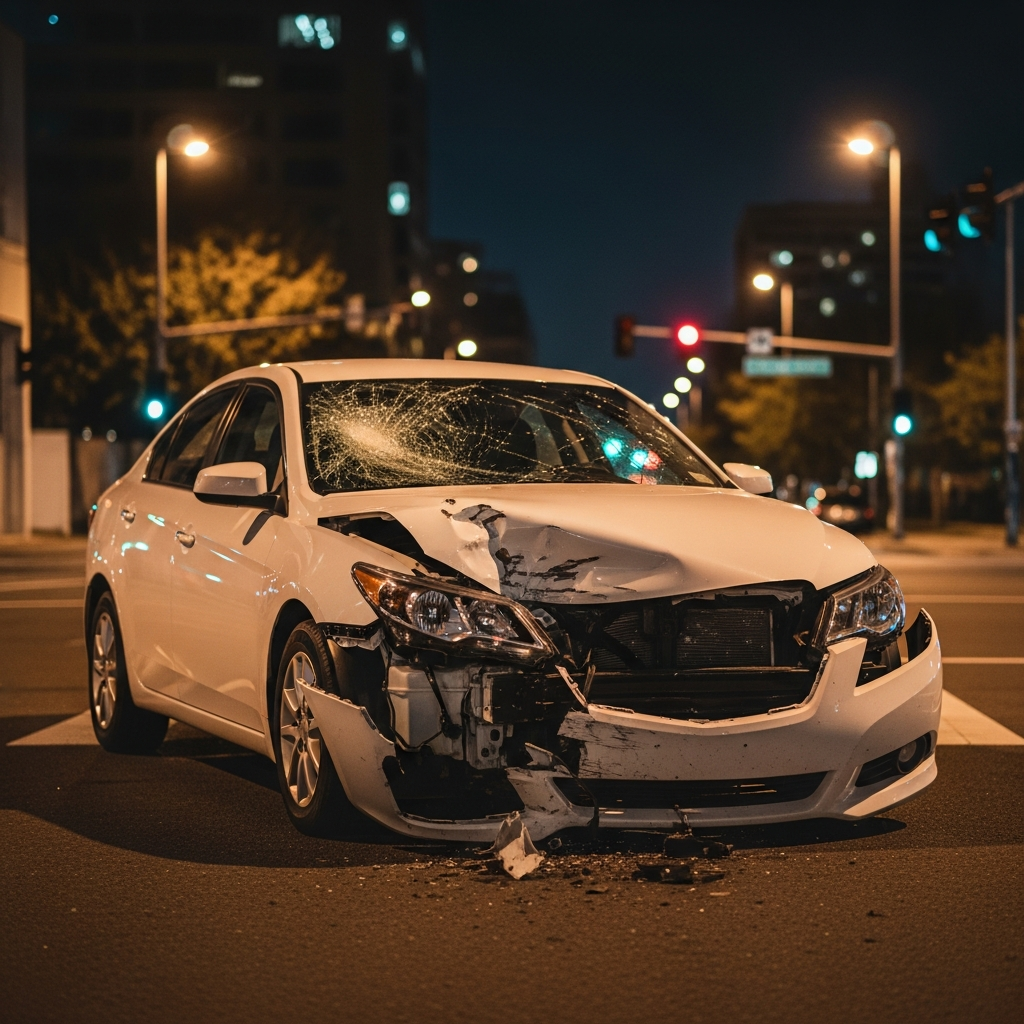 A white sedan with significant front-end damage and a shattered windshield sits at a dimly lit intersection under city streetlights after a head-on collision.