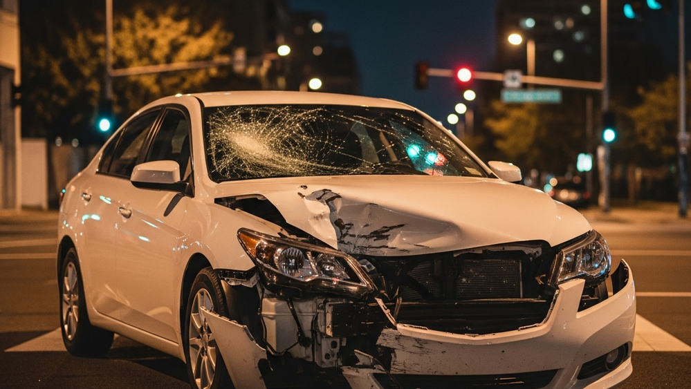 A white sedan with significant front-end damage and a shattered windshield sits at a dimly lit intersection under city streetlights after a head-on collision.