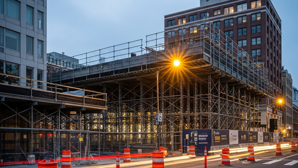A quiet urban construction site with scaffolding and orange safety cones at dusk without any people present.