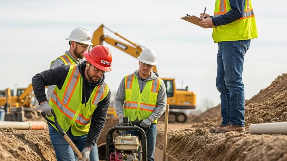 Construction workers in a trench with safety equipment, overseen by an OSHA inspector.
