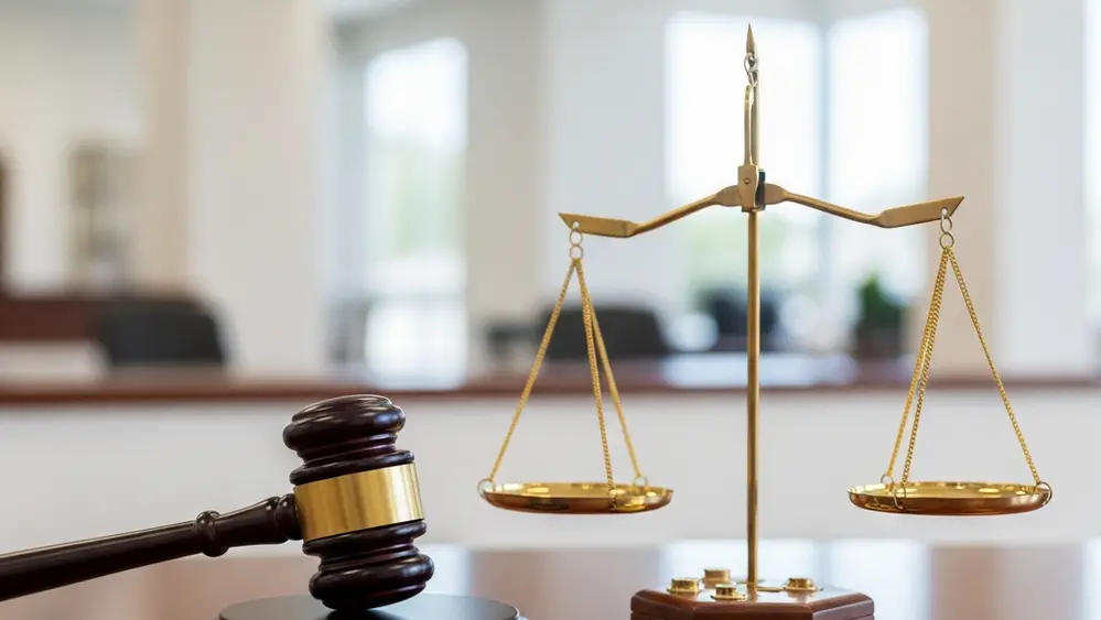 A wooden gavel resting on a mahogany table next to a set of scales in a brightly lit, modern office setting.