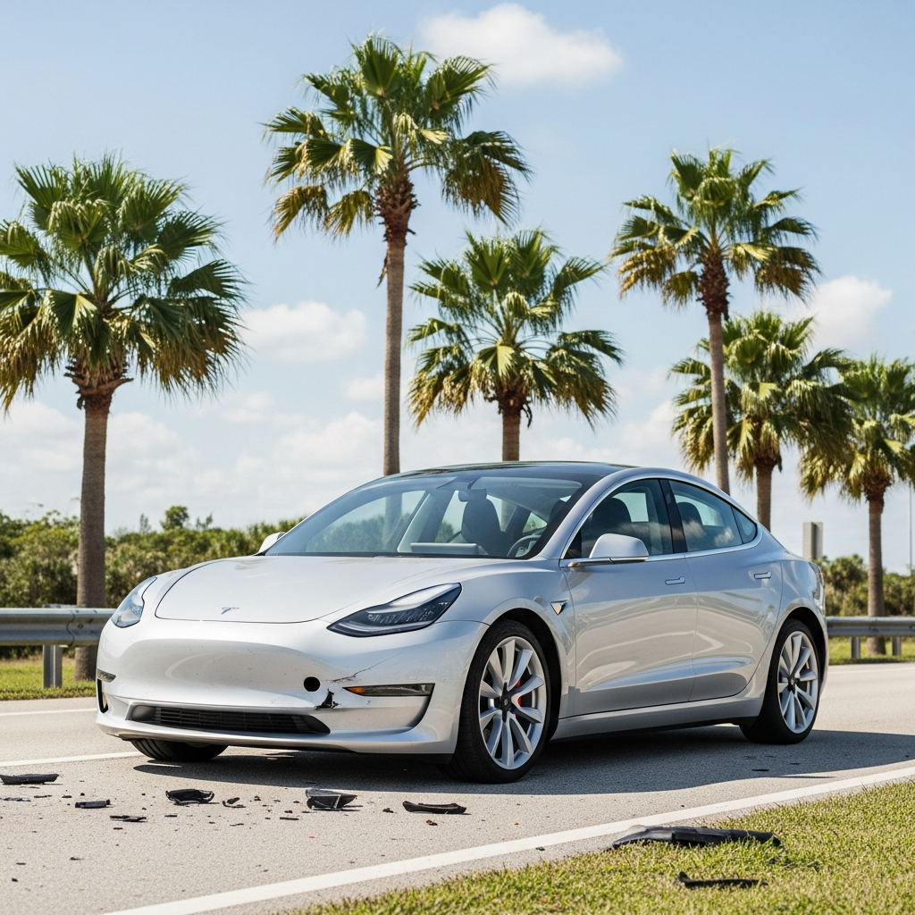 A silver Tesla Model 3 with a damaged front bumper sits on a Florida roadside near palm trees after a motor vehicle accident.