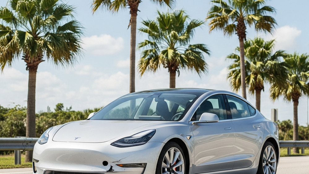 A silver Tesla Model 3 with a damaged front bumper sits on a Florida roadside near palm trees after a motor vehicle accident.