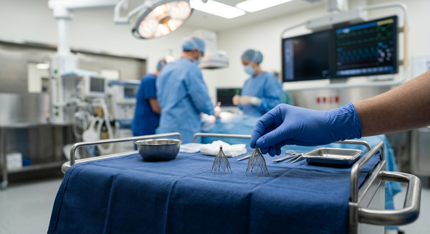 A surgical medical implant known as an IVC filter shown in a clinical setting without text or labels