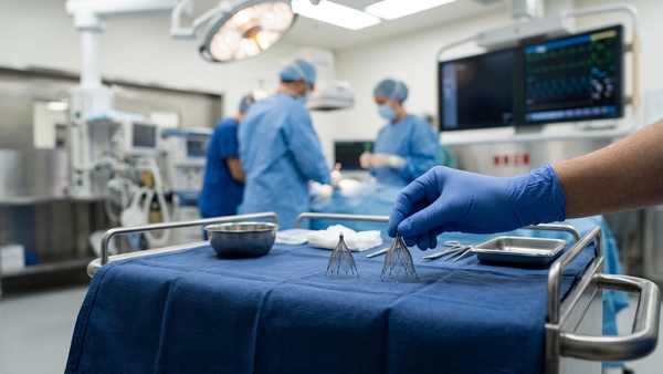 A surgical medical implant known as an IVC filter shown in a clinical setting without text or labels