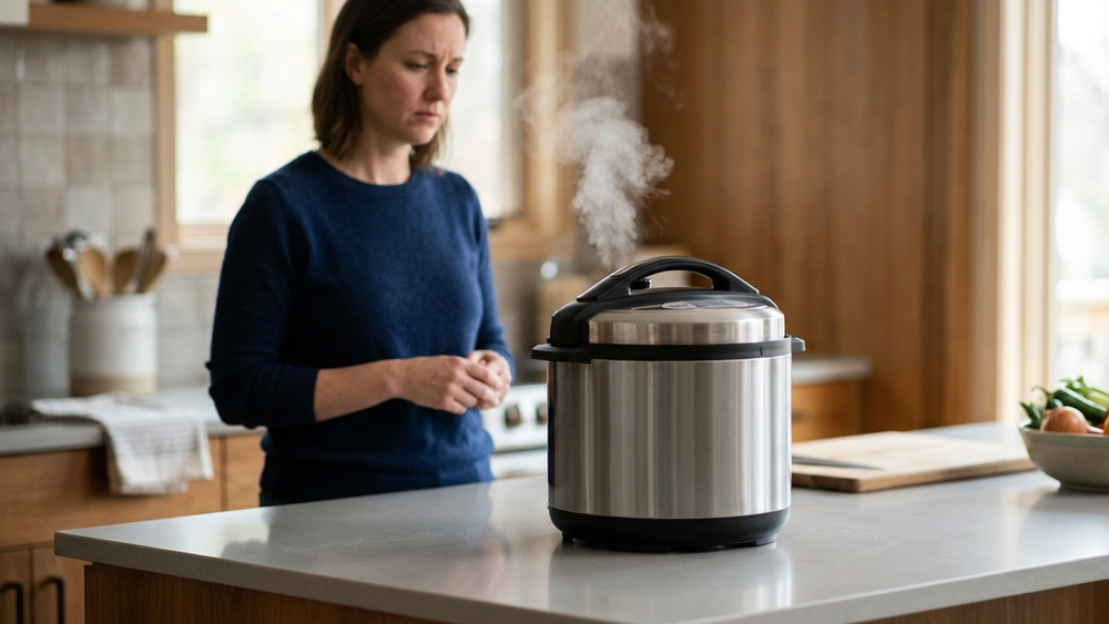 A modern electric Nesco pressure cooker sits on a kitchen counter with steam escaping from the top lid area.