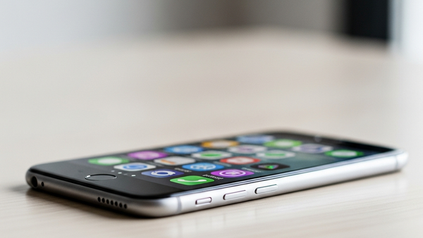 A smartphone lying on a wooden desk with blurred app icons on the screen, symbolizing social media use among adolescents