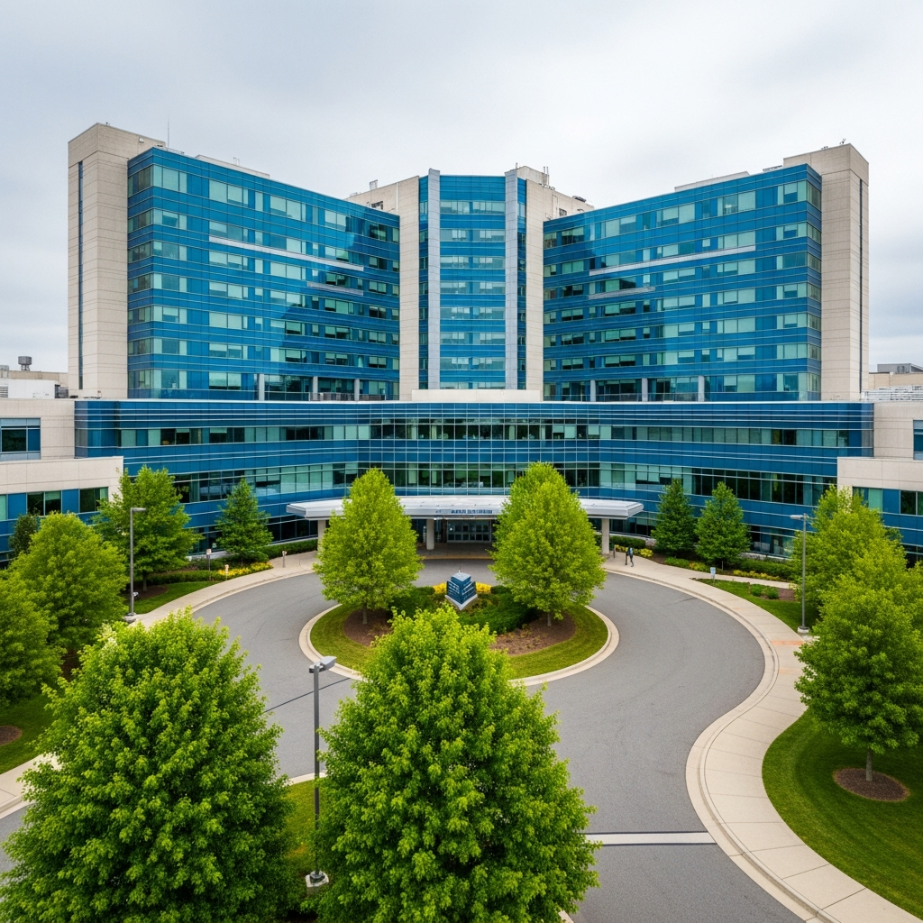 An exterior view of a large modern hospital facility featuring blue glass panels and a circular driveway with green trees and professional landscaping.
