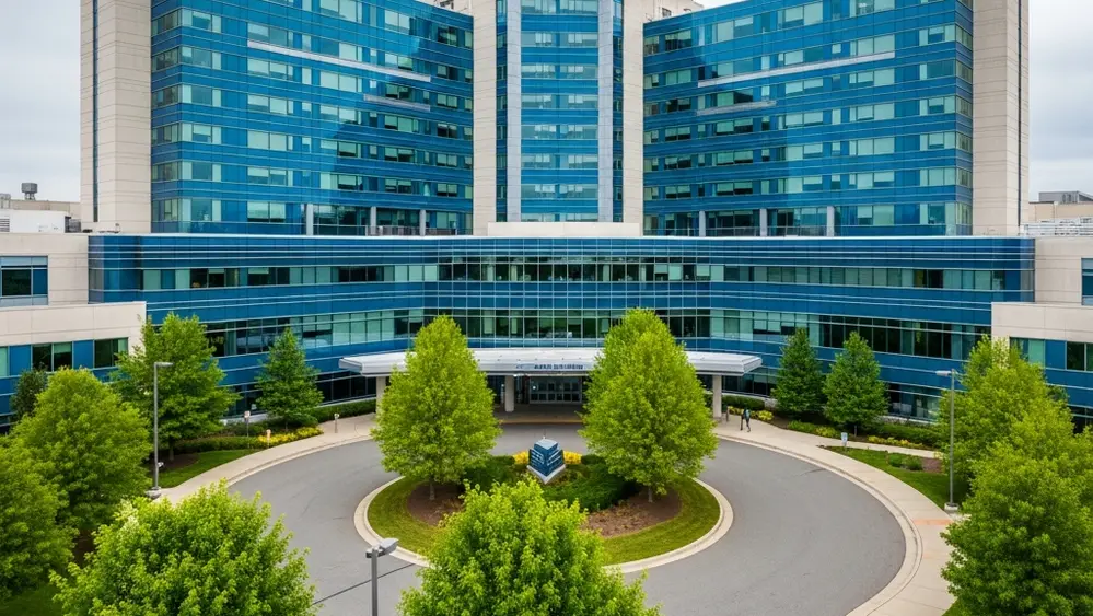 An exterior view of a large modern hospital facility featuring blue glass panels and a circular driveway with green trees and professional landscaping.