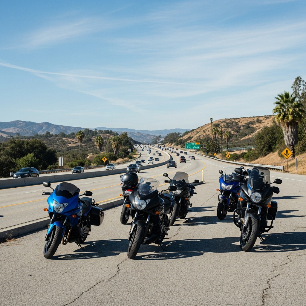 A group of motorcycles parked on the shoulder of a multi-lane California freeway under a clear sky.