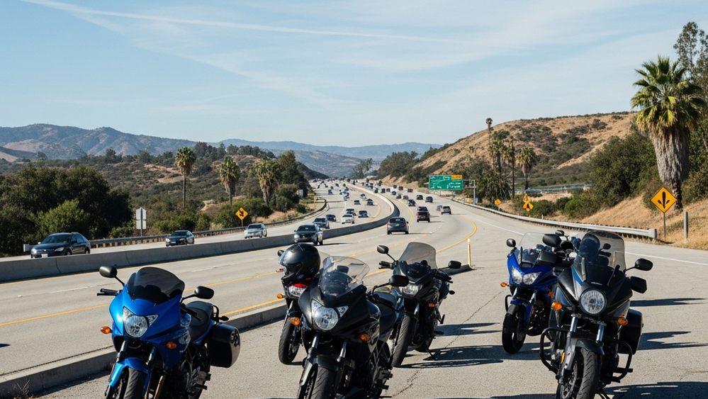 A group of motorcycles parked on the shoulder of a multi-lane California freeway under a clear sky.