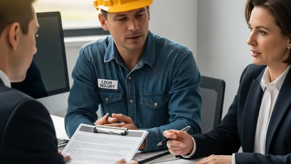 An injured worker in a hard hat discussing legal paperwork with a lawyer in a professional office setting.
